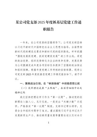 某公司党支部2025年度抓基层党建工作述职报告