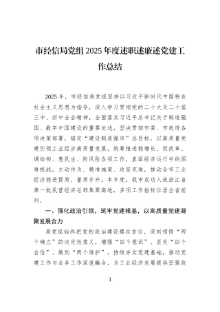 市经信局党组2025年度述职述廉述党建工作总结