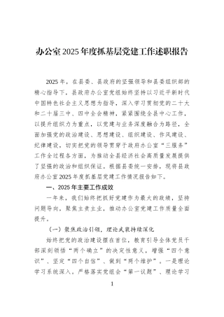 办公室2025年度抓基层党建工作述职报告