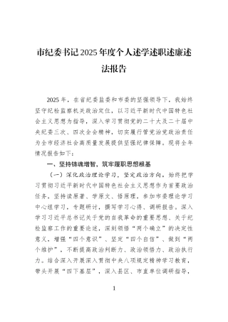 市纪委书记2025年度个人述学述职述廉述法报告