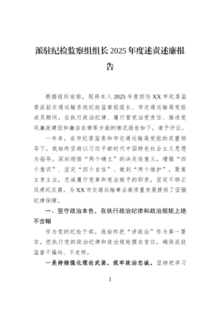 派驻纪检监察组组长2025年度述责述廉报告