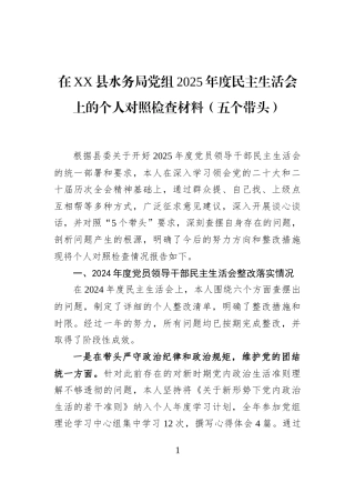 在XX县水务局党组2025年度民主生活会上的个人对照检查材料（五个带头）
