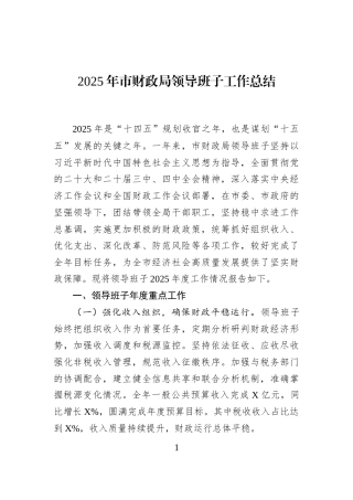 2025年市财政局领导班子工作总结