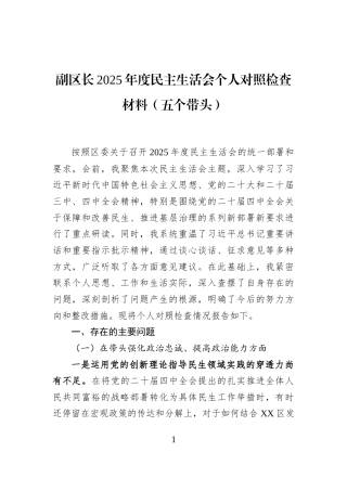 副区长2025年度民主生活会个人对照检查材料（五个带头）