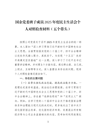 国企党委班子成员2025年度民主生活会个人对照检查材料（五个带头）