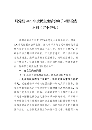局党组2025年度民主生活会班子对照检查材料（五个带头）