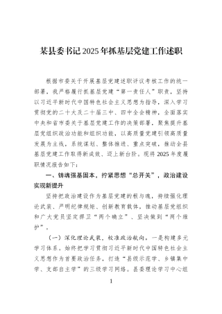 某县委书记2025年抓基层党建工作述职