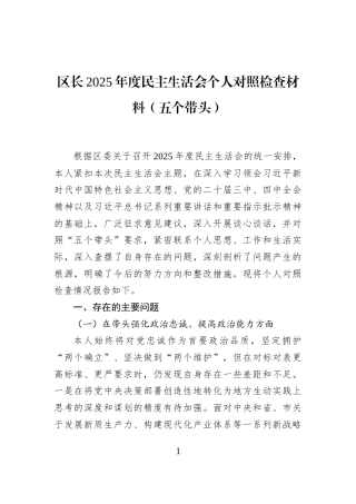 区长2025年度民主生活会个人对照检查材料（五个带头）