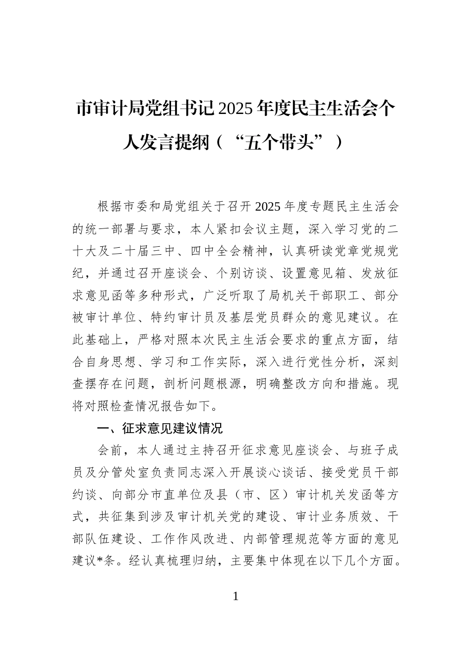 市审计局党组书记2025年度民主生活会个人发言提纲（“五个带头”）_第1页