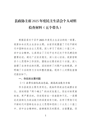 县政协主席2025年度民主生活会个人对照检查材料（五个带头）