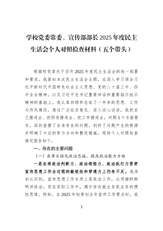 学校党委常委、宣传部部长2025年度民主生活会个人对照检查材料(五个带头)