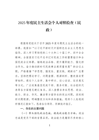 2025年度民主生活会个人对照检查（民政）