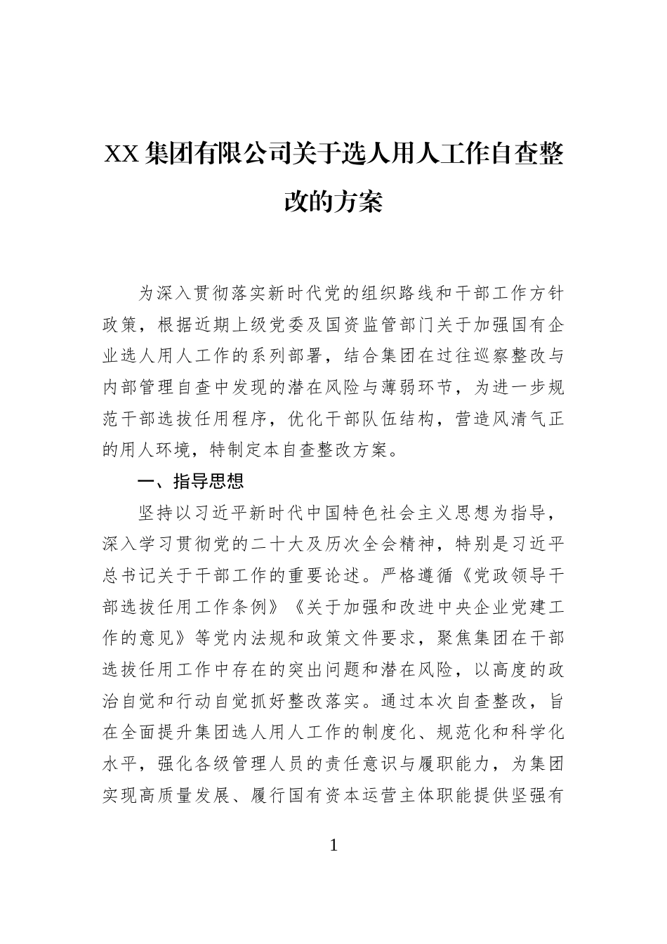XX集团有限公司关于选人用人工作自查整改的方案_第1页