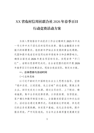 XX省农村信用社联合社2026年春季百日行动竞赛活动方案