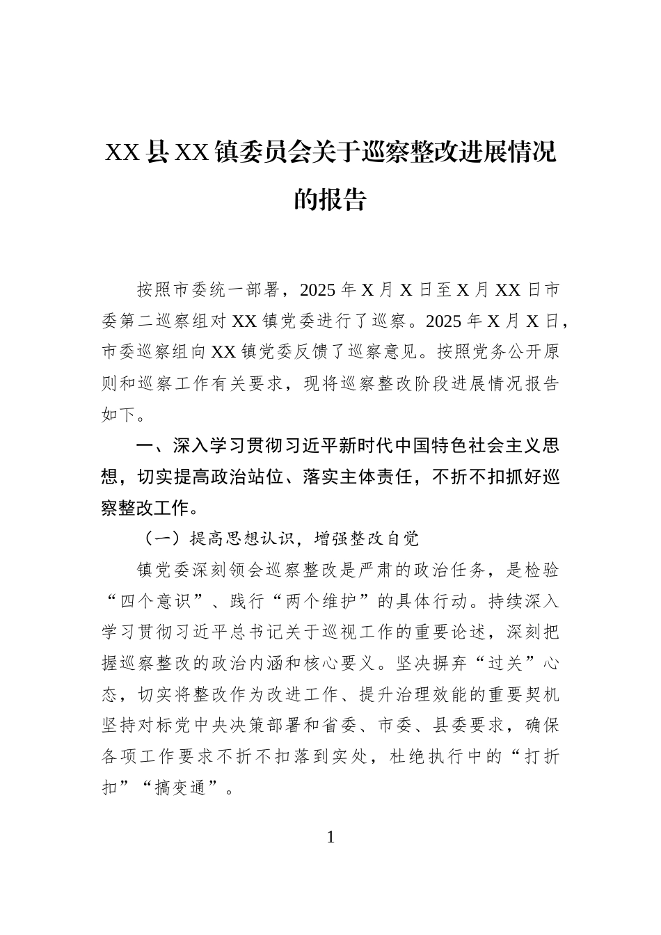 XX县XX镇委员会关于巡察整改进展情况的报告_第1页