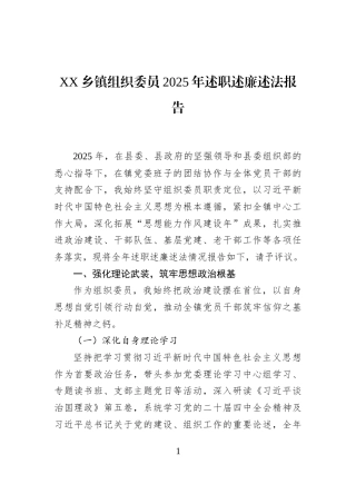 XX乡镇组织委员2025年述职述廉述法报告