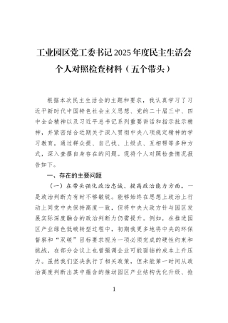工业园区党工委书记2025年度民主生活会个人对照检查材料（五个带头）