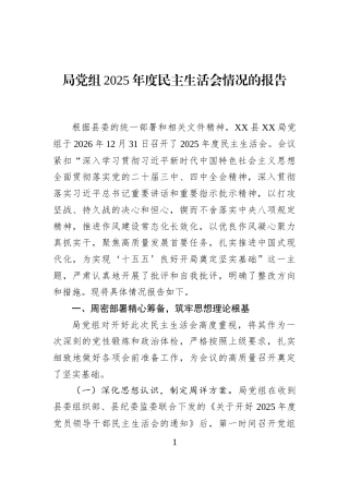 局党组2025年度民主生活会情况的报告