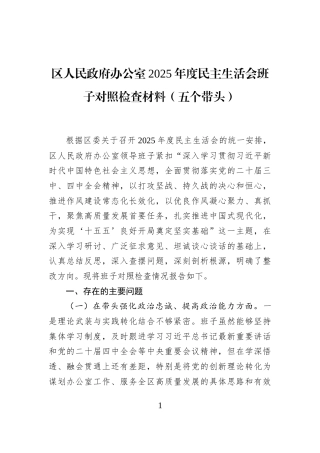 区人民政府办公室2025年度民主生活会班子对照检查材料（五个带头）