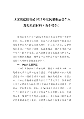 区文联党组书记2025年度民主生活会个人对照检查材料（五个带头）