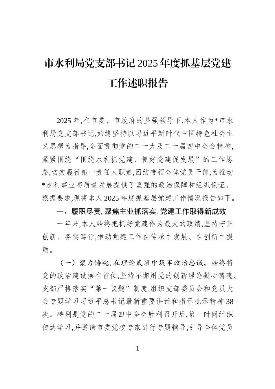 市水利局党支部书记2025年度抓基层党建工作述职报告_第1页