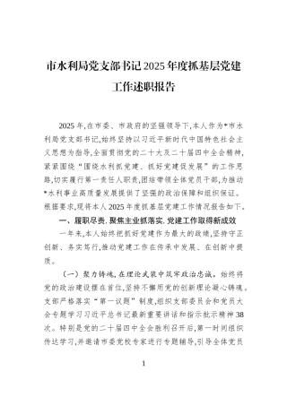 市水利局党支部书记2025年度抓基层党建工作述职报告