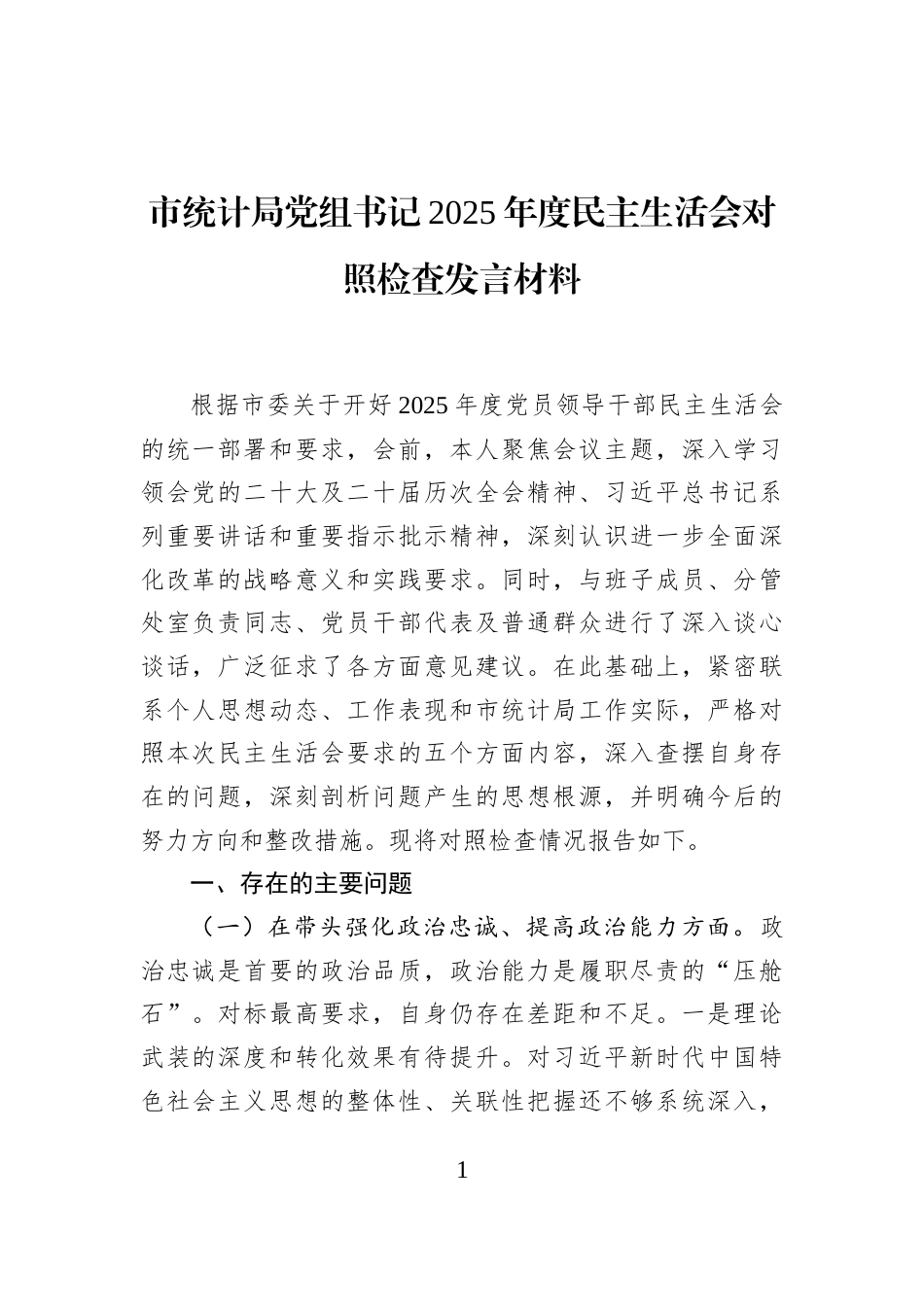 市统计局党组书记2025年度民主生活会对照检查发言材料_第1页