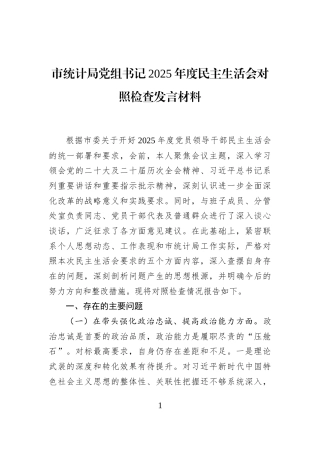 市统计局党组书记2025年度民主生活会对照检查发言材料