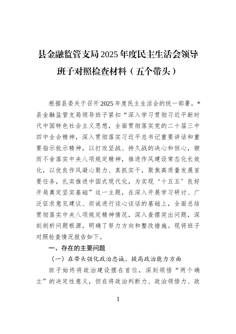 县金融监管支局2025年度民主生活会领导班子对照检查材料（五个带头）_第1页