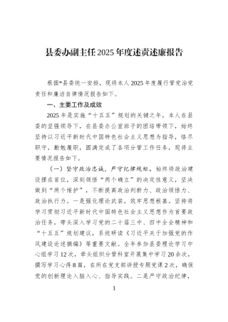 县委办副主任2025年度述责述廉报告