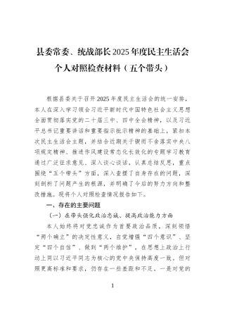 县委常委、统战部长2025年度民主生活会个人对照检查材料（五个带头）