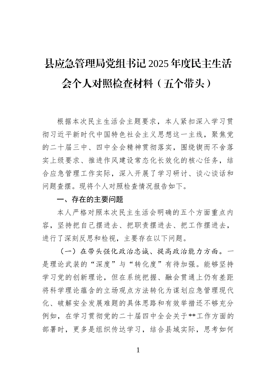 县应急管理局党组书记2025年度民主生活会个人对照检查材料（五个带头）_第1页