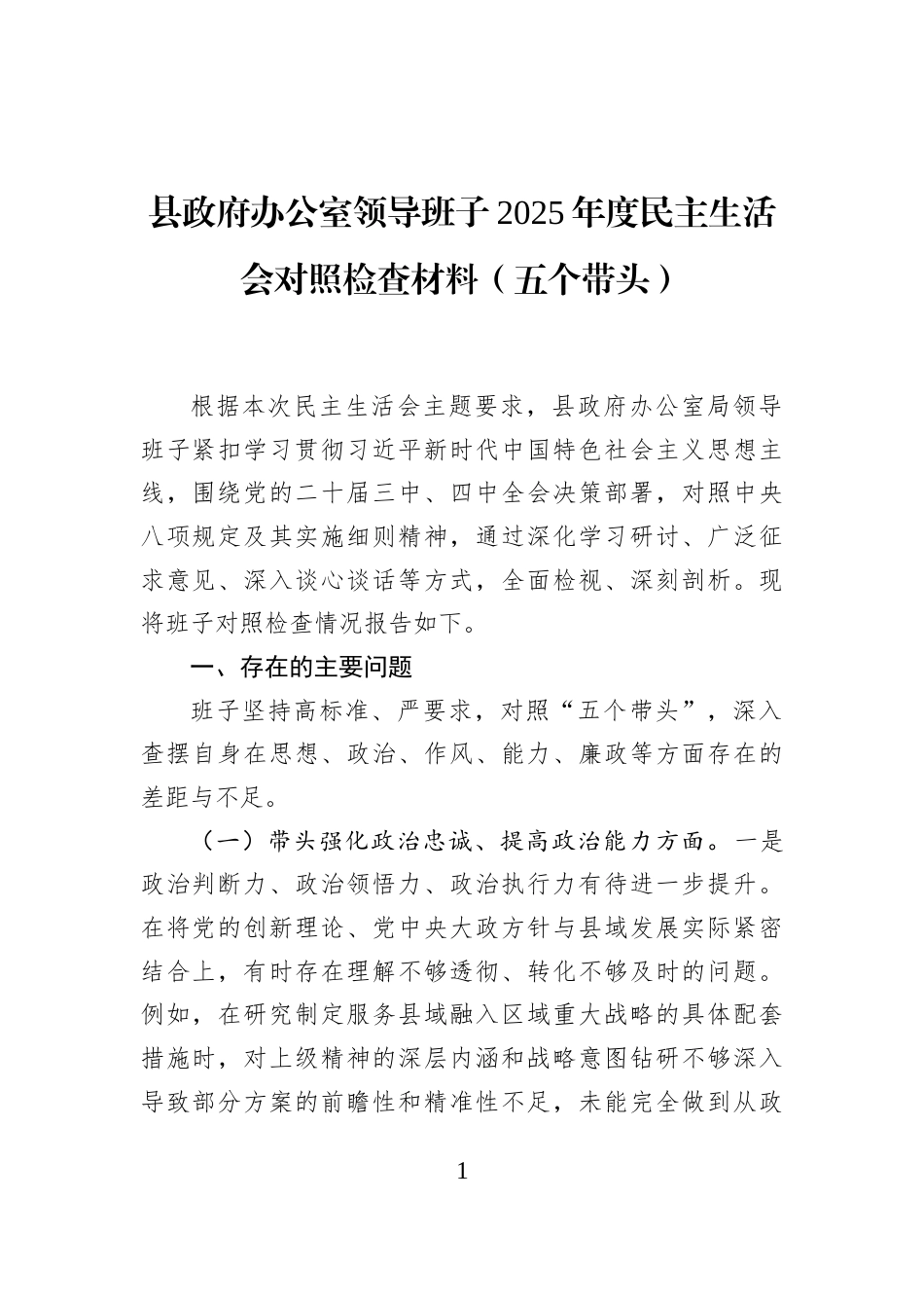 县政府办公室领导班子2025年度民主生活会对照检查材料(五个带头)_第1页