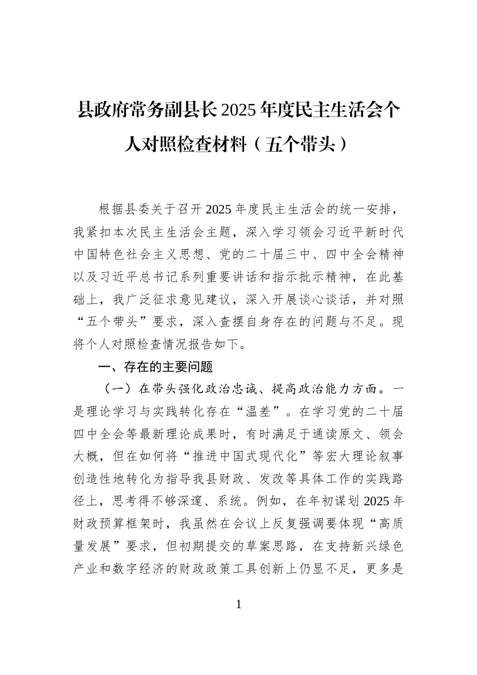 县政府常务副县长2025年度民主生活会个人对照检查材料（五个带头）_第1页