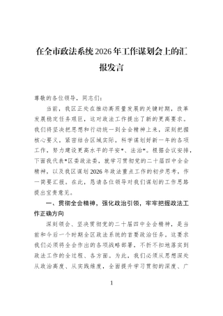 在全市政法系统2026年工作谋划会上的汇报发言