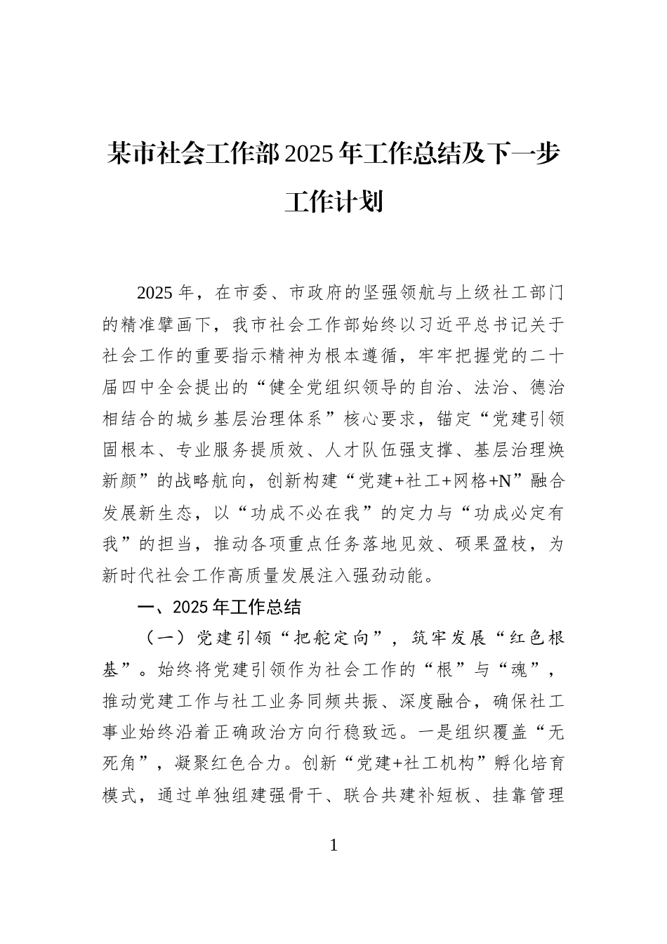 某市社会工作部2025年工作总结及下一步工作计划_第1页