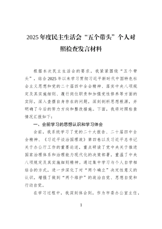 2025年度民主生活会“五个带头”个人对照检查发言材料