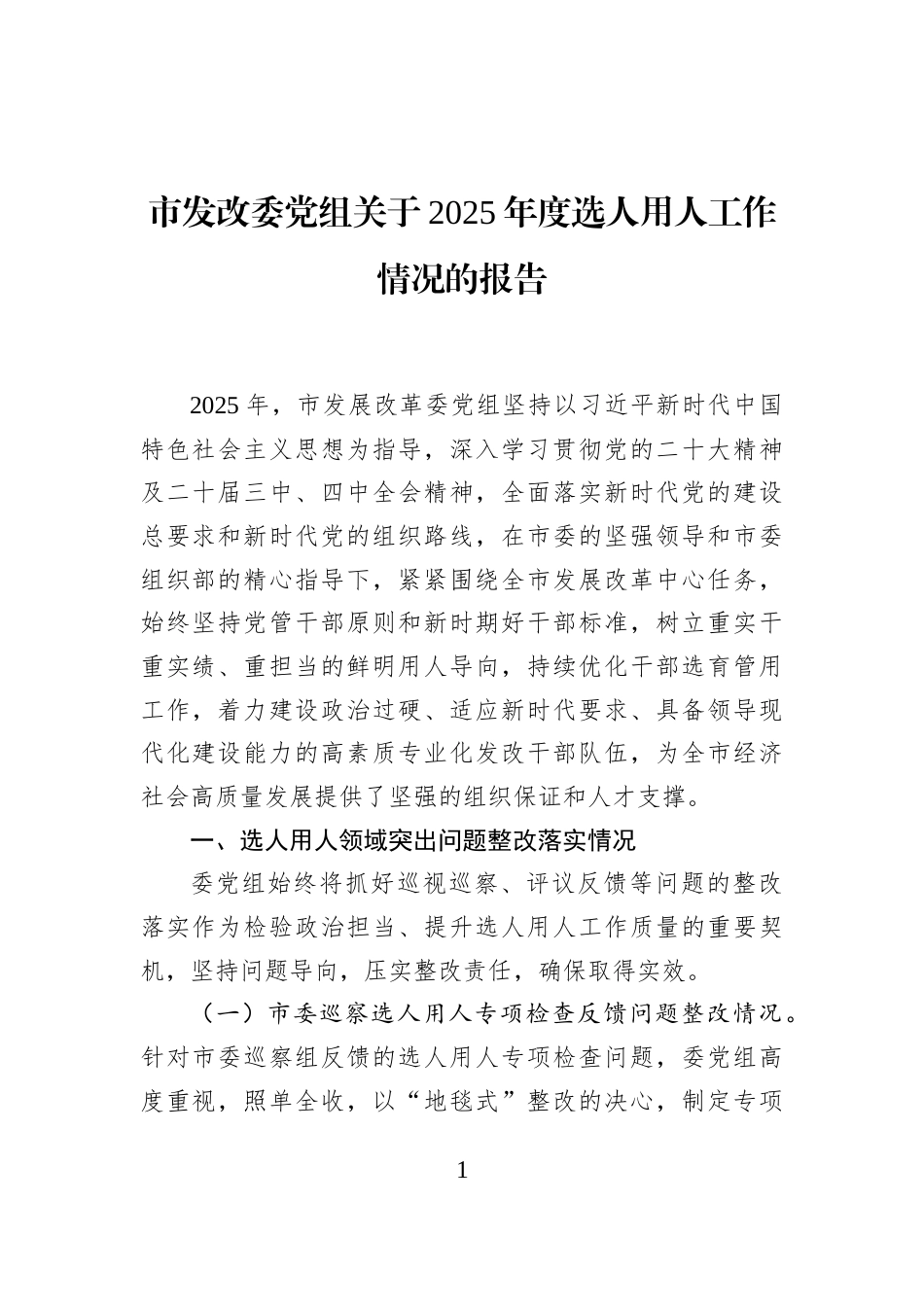 市发改委党组关于2025年度选人用人工作情况的报告_第1页