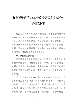市委领导班子2025年度专题民主生活会对照检查材料