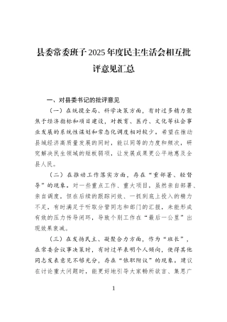 县委常委班子2025年度民主生活会相互批评意见汇总