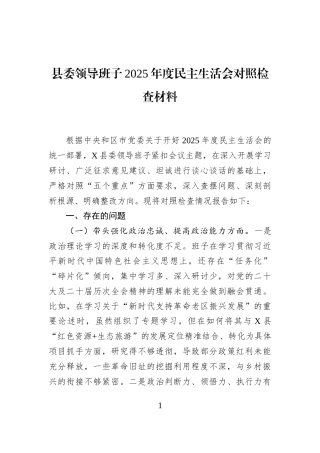 县委领导班子2025年度民主生活会对照检查材料