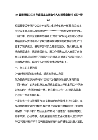 县委书记2025年度民主生活会个人对照检查材料（五个带头）