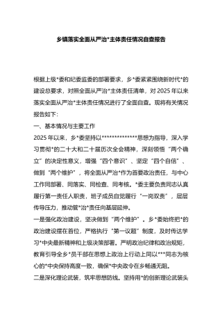 乡镇落实全面从严治党主体责任情况自查报告