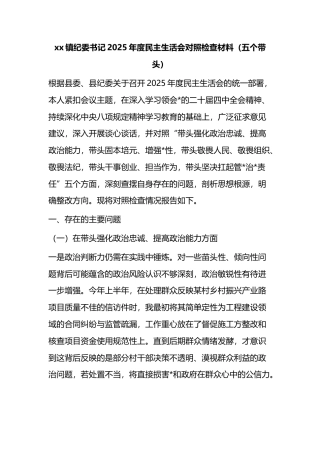 镇纪委书记2025年度民主生活会对照检查材料（五个带头）