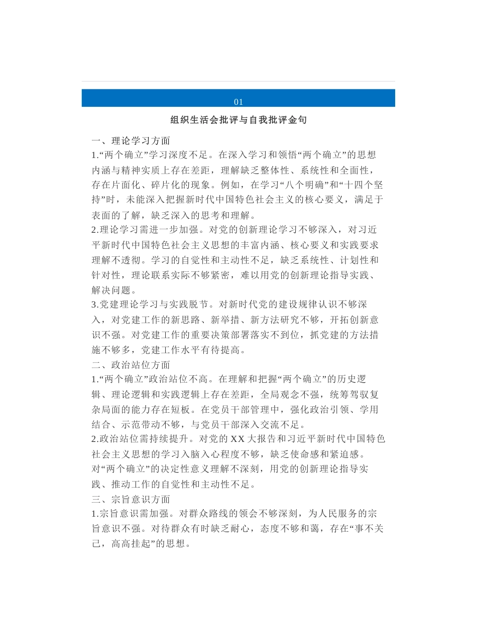 六个方面24组民主生活会 组织生活会批评意见建议汇总，批评与自我批评金句汇总_第1页