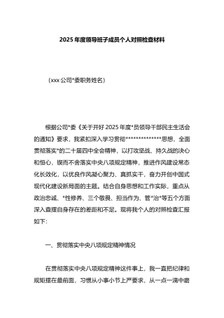 2025年度领导班子成员个人对照检查材料