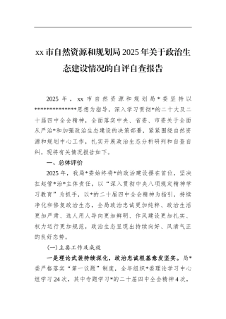 市自然资源和规划局2025年关于政治生态建设情况的自评自查报告