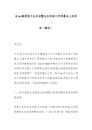 在XX镇爱国卫生运动暨生态环保工作部署会上的讲话