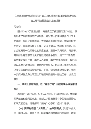 在全市政府系统群众身边不正之风和腐败问题重点领域专项整治工作调度推进会议上的讲话