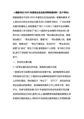 镇副书记2025年度民主生活会对照检查材料（五个带头）